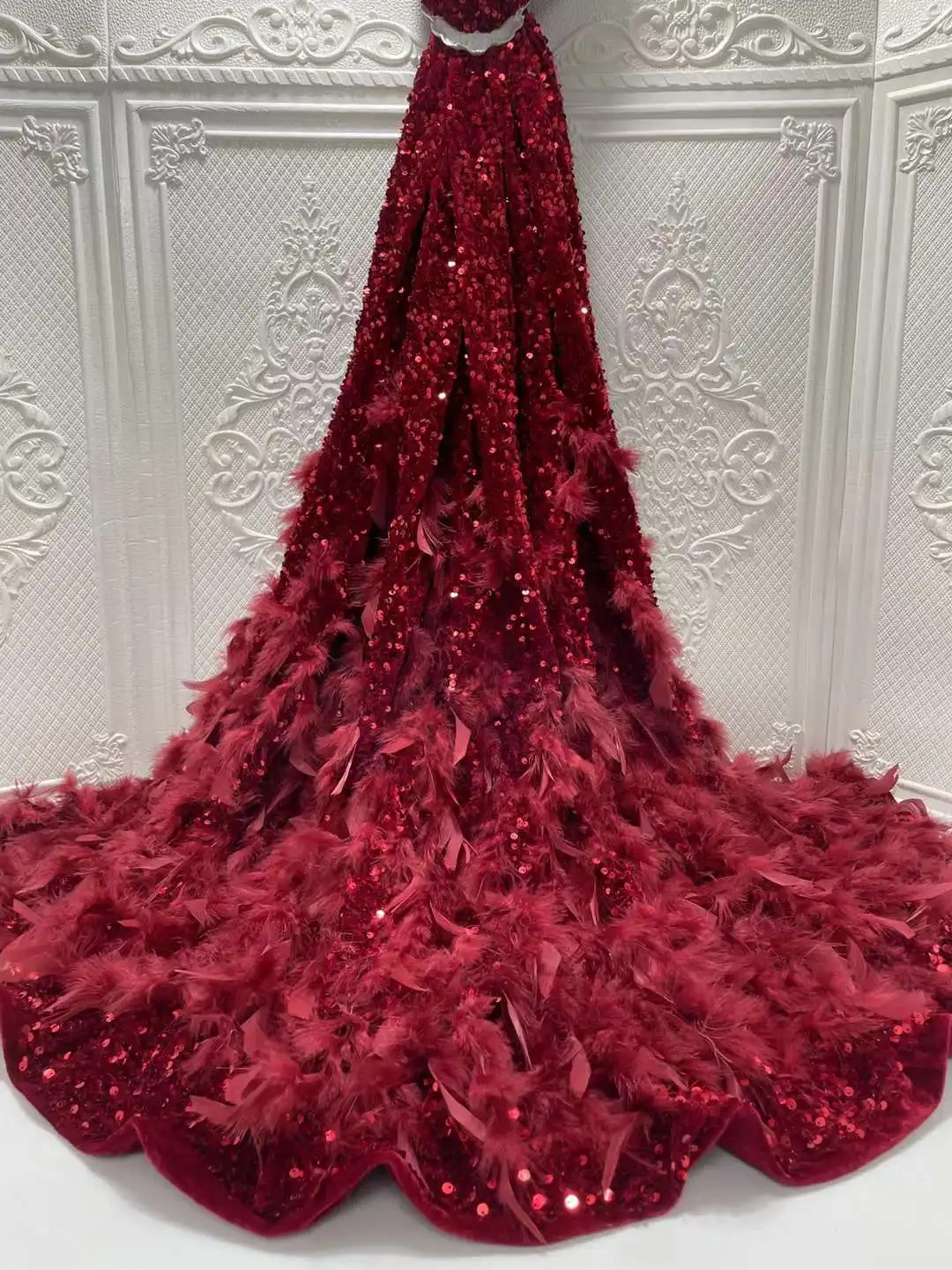 African Velvet Lace Fabric 2023 High Quality Luxury Sequins Lace Material 3D Feather Embroidery Nigerian Fabrics For Wedding