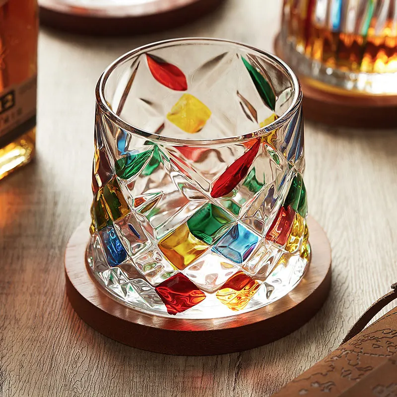 Rotating Crystal Whiskey Glasses With Wooden Coaster Tray Colored Glass Cup High Appearance Colored Stress Relief Glass Cup