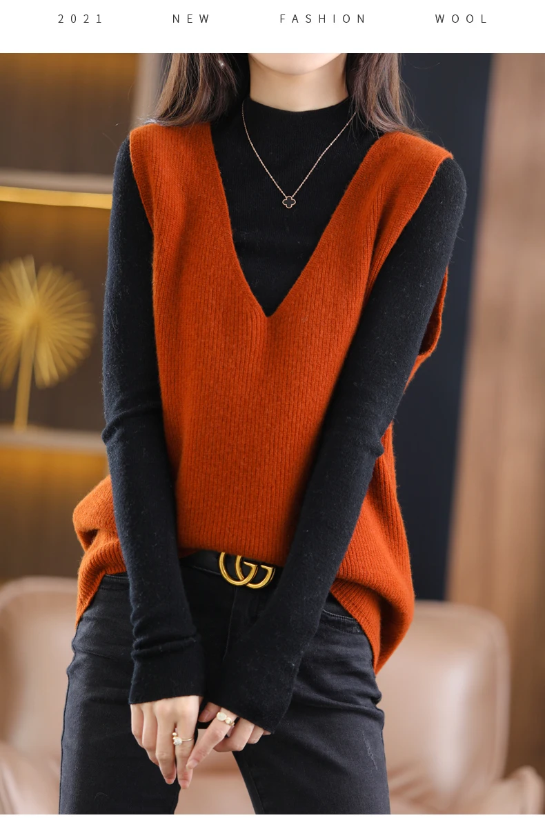 green sweater Spring And Autumn New 100% Pure Wool V-Neck Sleeveless Top Loose Fashion Temperament Knitted Pullover christmas sweatshirt