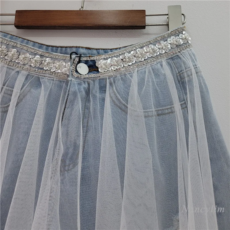 Heavy Industry Beads Irregular Mesh Stitching Jeans Shorts Women's 2024 Summer New Very Fairy Wide-Leg Hot Pants Denim Shorts
