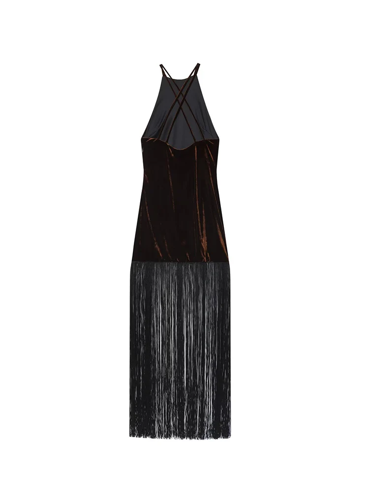New Women Halter Fringed Dress Chic Hanging Neck Sleeveless Robes Sexy Backless Slim Fit Ladies Tassel Velvet Long Dresses
