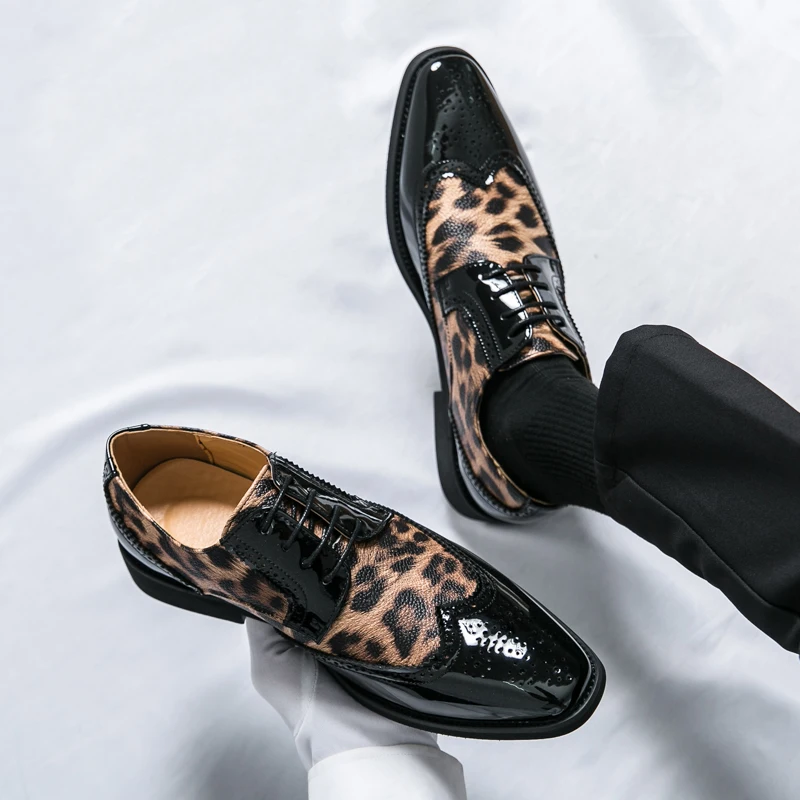 Men's lace-up leopard print leather shoes slip-on business casual loafers Hair Stylist Nightclub 46 47 48 Extra size