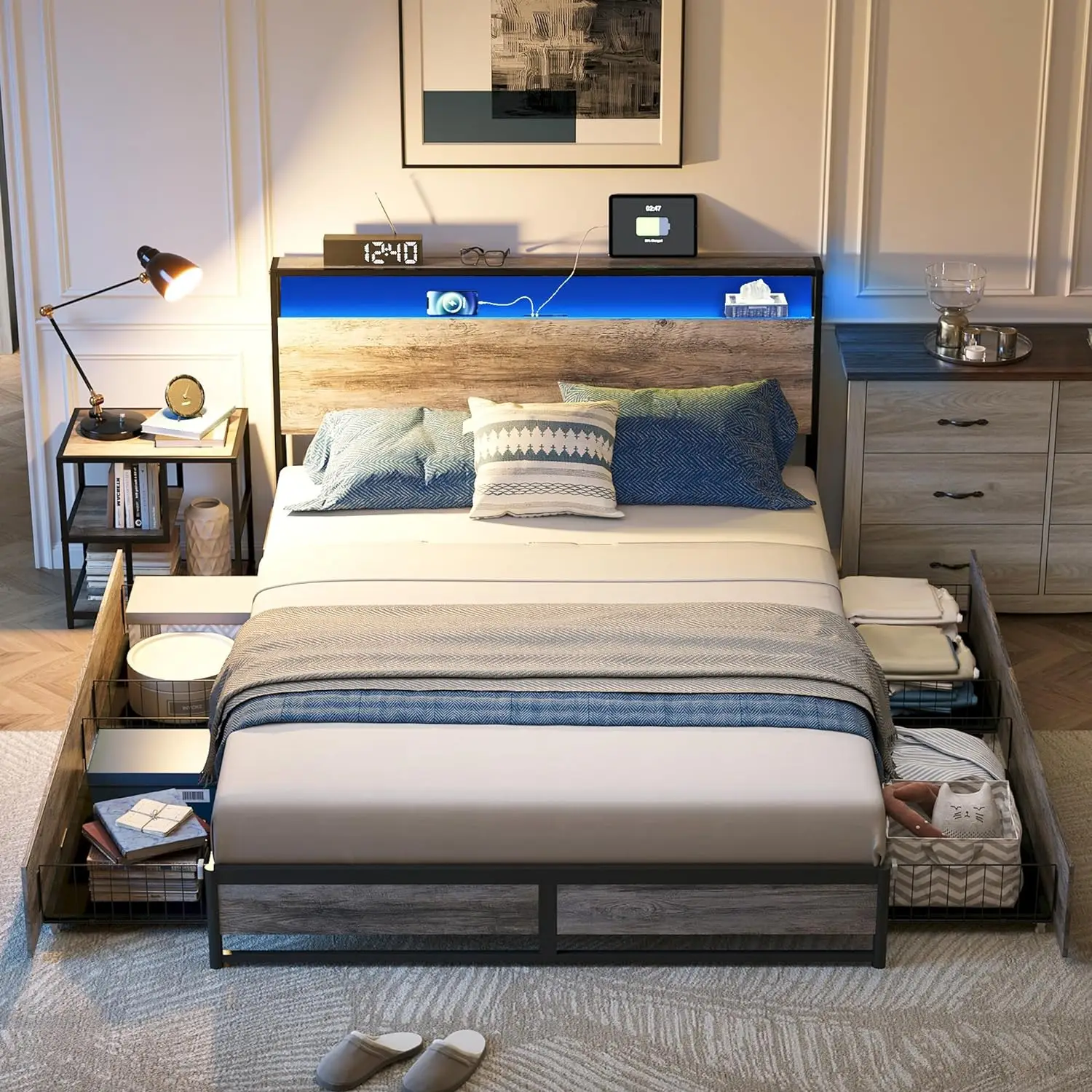 

Bed Frame with 4 Drawers & Headboard, Bed Frame with RGB Lights & Fast Charger, Fast Assembly Bed Frame Queen Size with Storage
