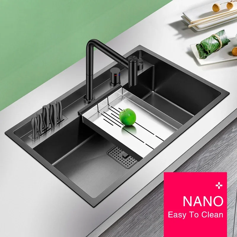 ASRAS Stepped Nanometer Sink 304 Stainless Steel 4mm Thickness 220mm Depth Large Size Handmade Stepped Kitchen Sinks