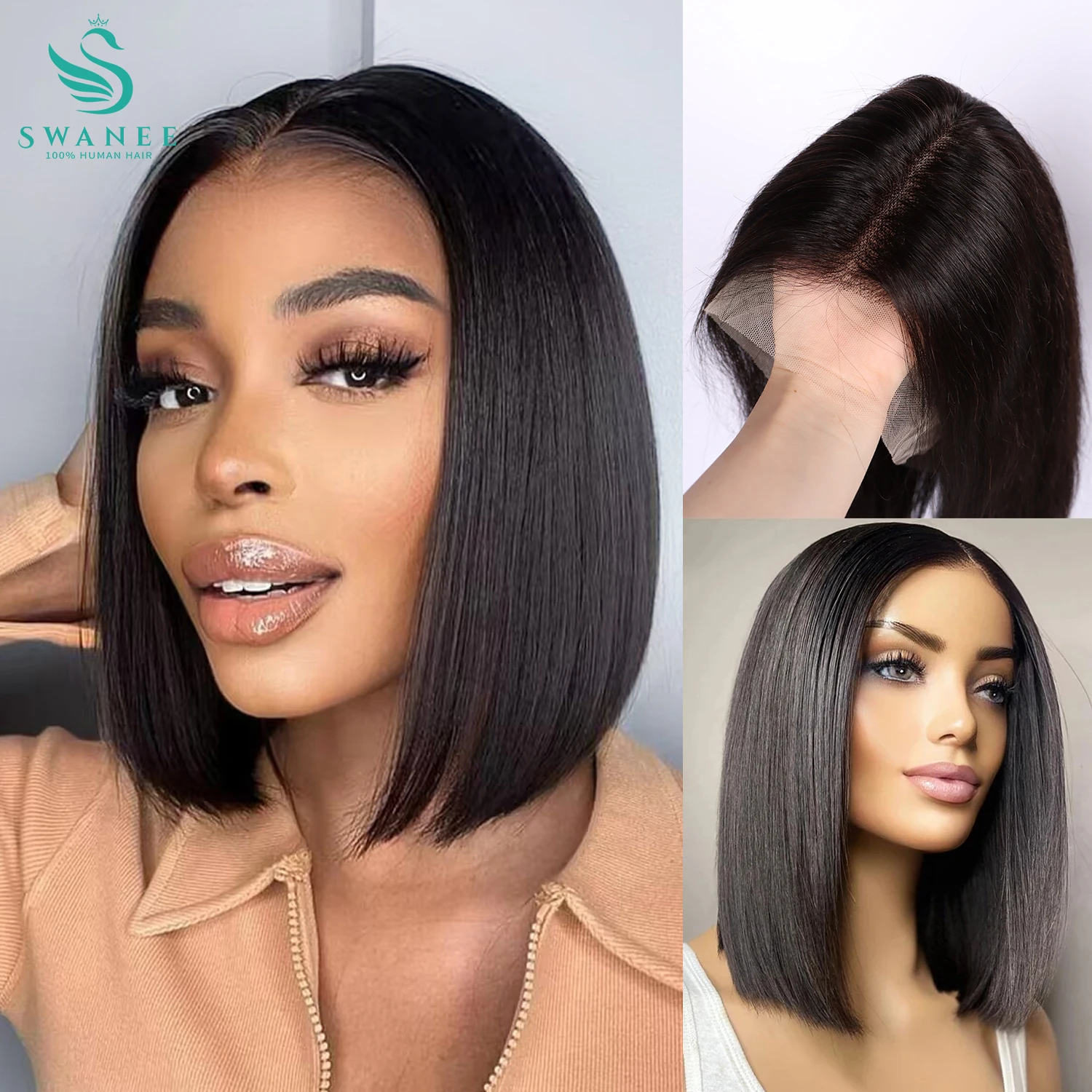 

SWANEE Bob Wigs Brazilian Human Hair Lace Front Wigs Human Hair Glueless Wigs Transparent Lace Bob Wigs Straight Natural Color