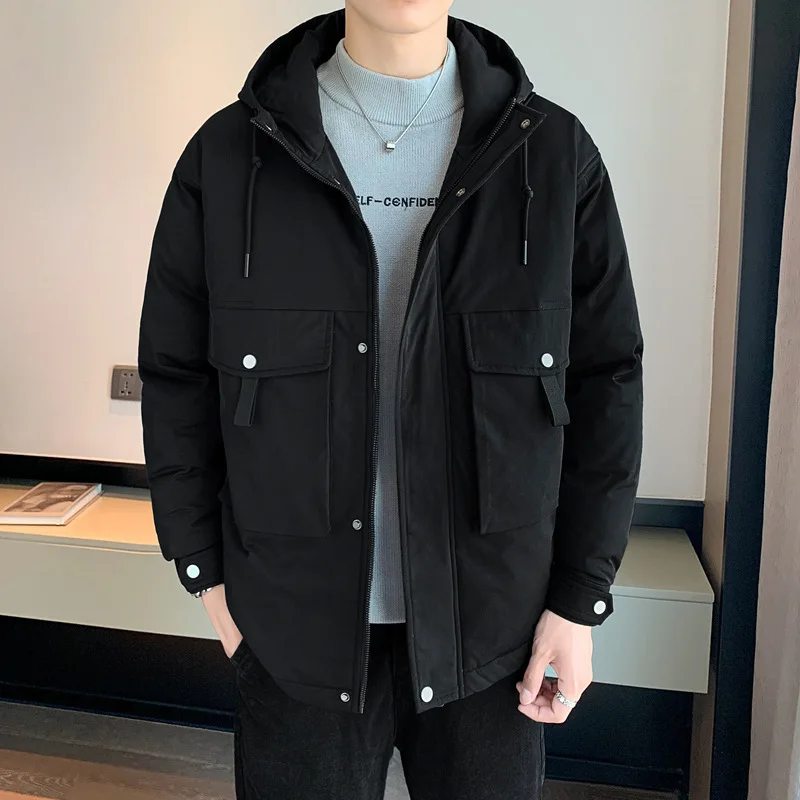 Winter Men's Thickened Cotton Jacket Fashion Workwear Hooded Down Coat Oversized Slim Casual Multi Pocket Windproof Warm Coat