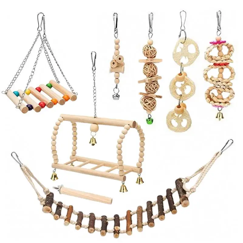 Bird Cage Toys Accessories 8 piece Natural Wood Toys Bird Swing Toy Climbing Bird Cage Toys