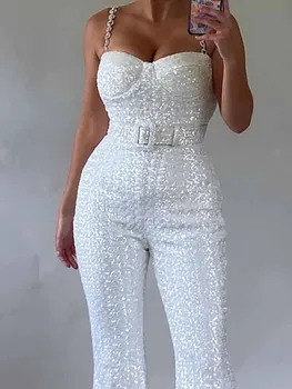 New Shiny Sequined Backless Banquet Jumpsuit Casual Women's Off Shoulder Summer Playsuit Fashion Sleeveless High Waist Rompers 1