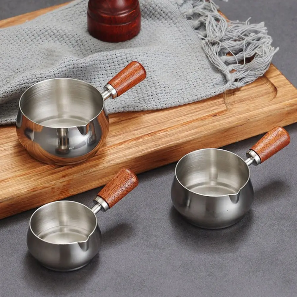 Kitchen Tableware 304 Stainless Steel Sauce Pan 60ml/120ml/180ml Reusable Seasoning Cup Wooden Handle Measuring Spoon Steak