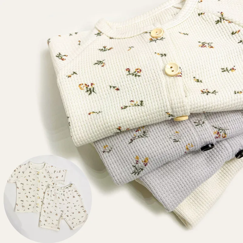 

Summer Baby Waffle Pajamas Set Kids Floral Homewear Clothes Short sleeve + Shorts Breathable Soft Clothing