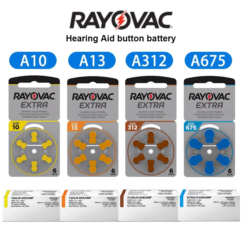 

RAYOVAC Extra Size 10 13 312 675 Zinc Air Hearing Aid Battery (6 Pieces Per Card) Pr48 A13 A10s A10 Hearing Aids for Deafness