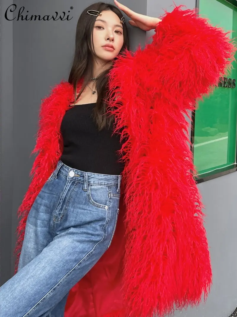 New 2023 Autumn and Winter High-End Red Fur Coat Fashion Imitated Mongolia  Sheep Fur V-neck Loose Temperament Long Fur Jacket - AliExpress