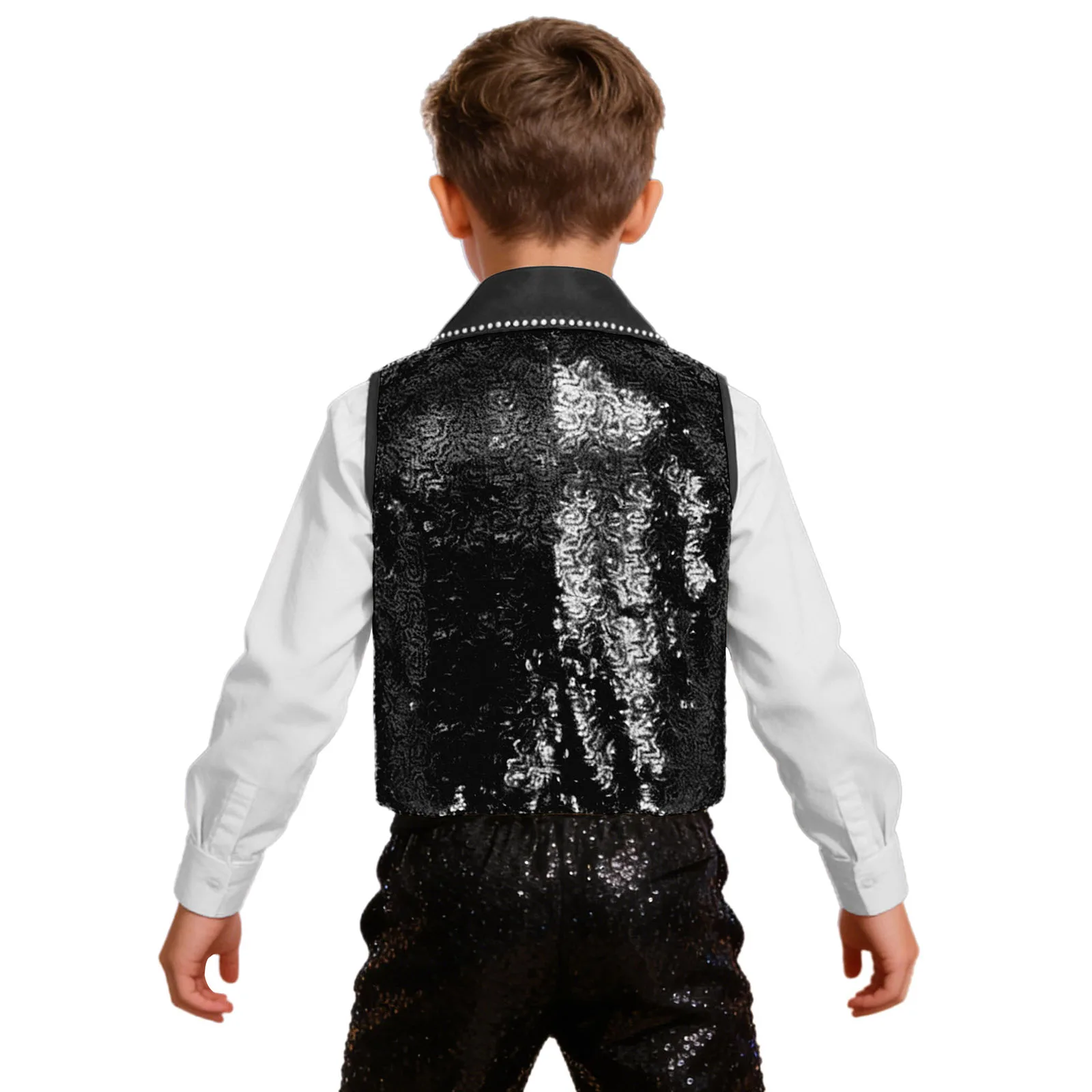 어린이 소년 반짝이 스팽글 조끼 재즈 탱고 탭 댄스 공연 의상 라펠 칼라 민소매 스팽글 신사 조끼