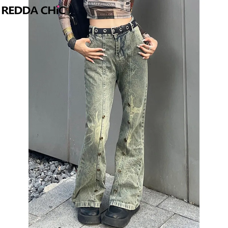 

REDDACHiC Y2k Vintage Button Printing Women Bootcut Pants Distressed Flare Jeans Bell Bottoms Trousers 90s Korean Streetwear