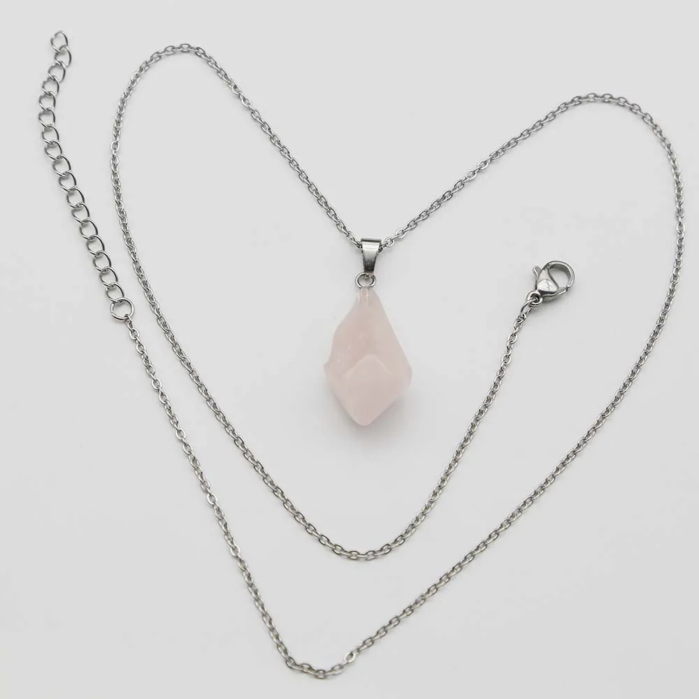 Natural Raw Ore Stone Stainless Steel Chain Irregular Rose Quartz Pendant Necklace Charm DIY Accessories Jewelry Wholesale 10Pcs