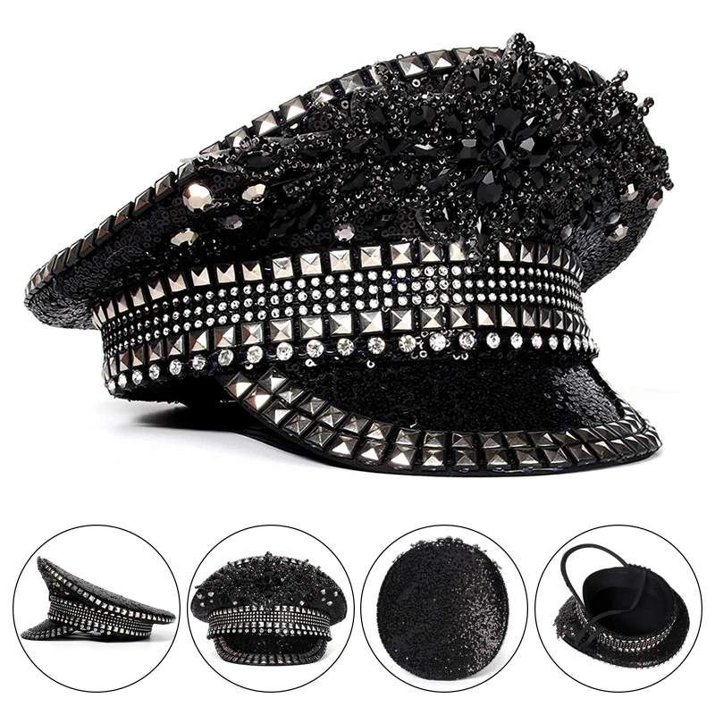 

Fashion Women Bride Military Hat Black Sequin Bridal Captain Sergeant Luxury Rhinestone Festival Birthday Part Cap with Chain