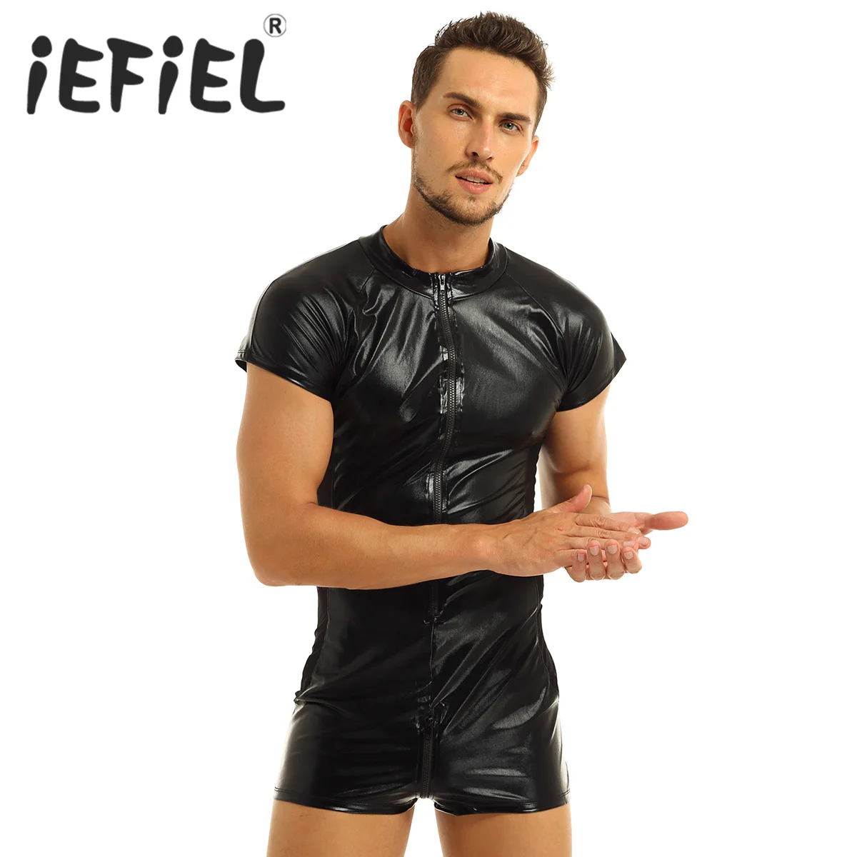 Iefiel Black Mens Patent Leather Short Sleeves Front Zipper Onepiece
