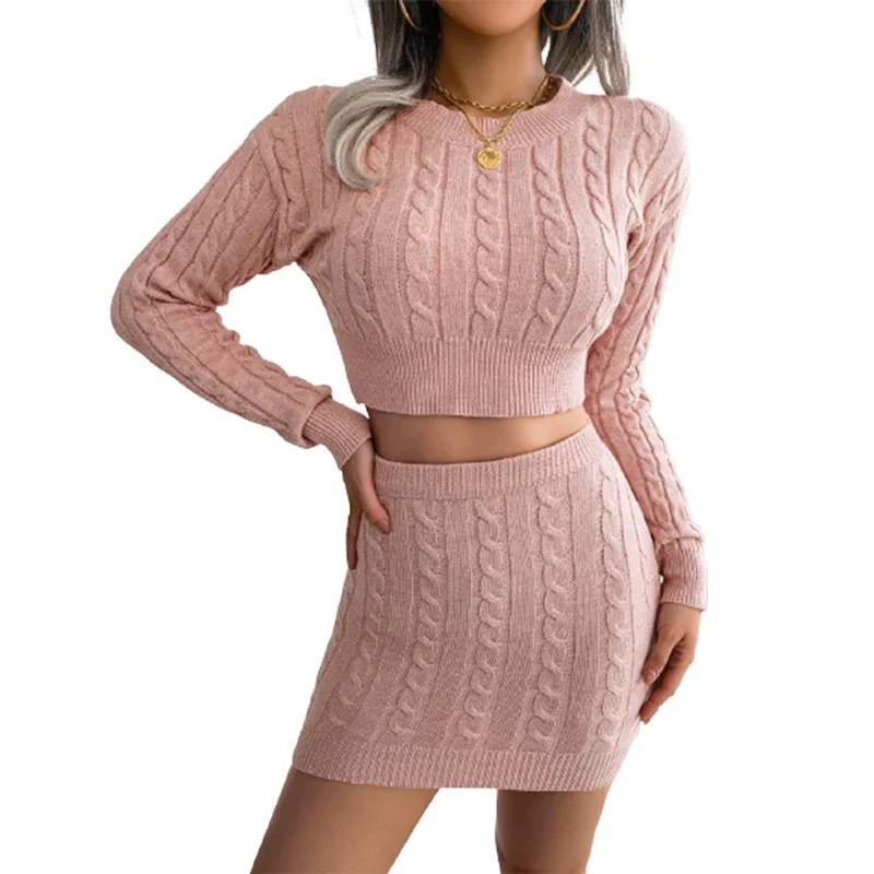 Elegant Twist Knitted Two Piece Set Women Show Belly Short Sweater Elasticated Waist Wrap Hip Skirt Knitwear Female Casual Suits spring fall cropped jeans women s loose high waist jeans female ripped elasticated pants patchwork vintage denim joggers women