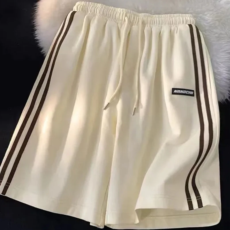 Striped Shorts Women Summer Streetwear Loose Wide Leg Shorts Korean Casual Elastic Waist Sports Shorts Bf Couple Oversized