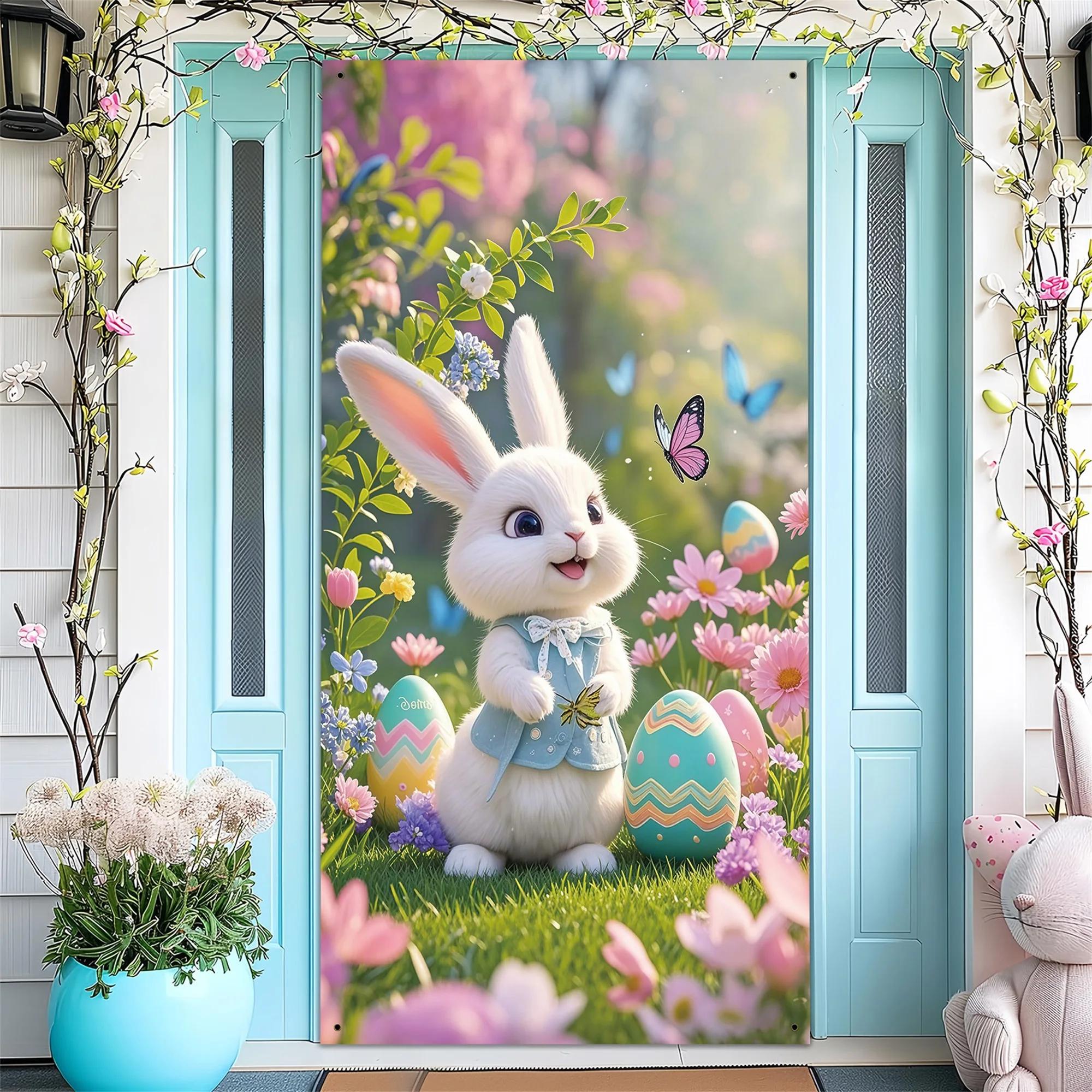 Easter Bunny Door Cover Creative Holiday Colorful Porch Banner for Home Office School Party Decor