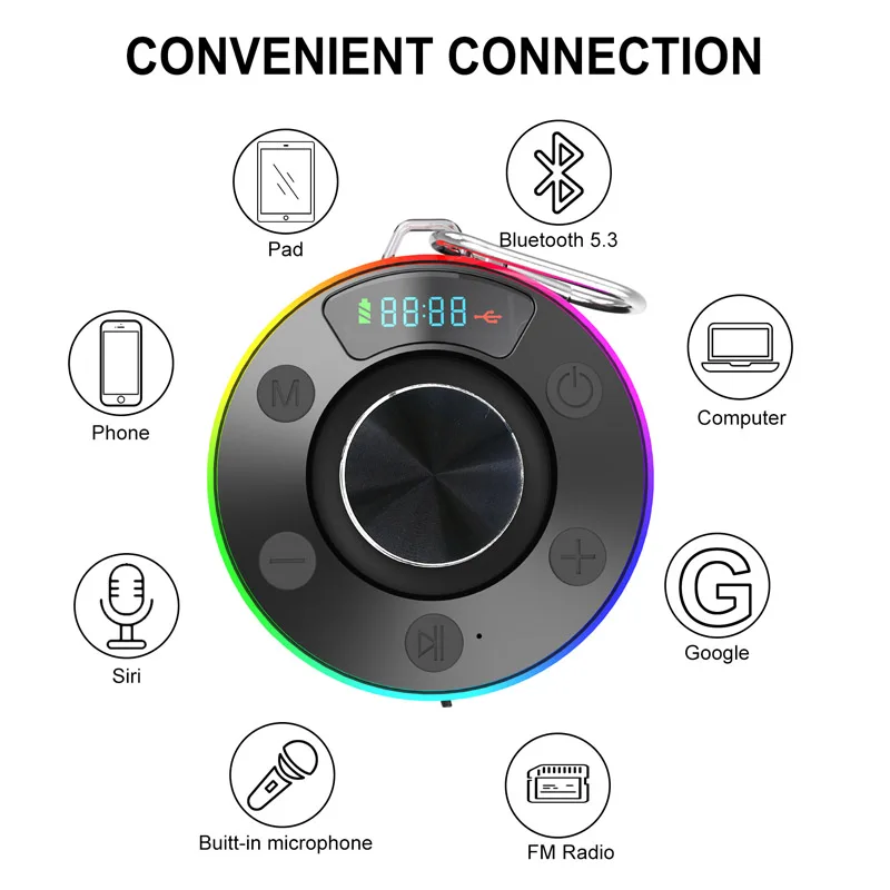 Shower Bluetooth 5.3 Speaker Waterproof Wireless Handsfree Call Music Player Mini Portable FM Radio Subwoofer for Bathroom Pool