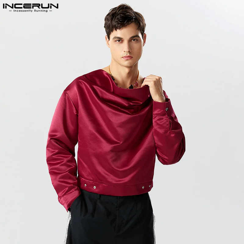 

INCERUN Men Shirt Solid Color V Neck Long Sleeve Streetwear Satin Casual Camisas 2024 Loose Fashion Male Irregular Shirts S-5XL