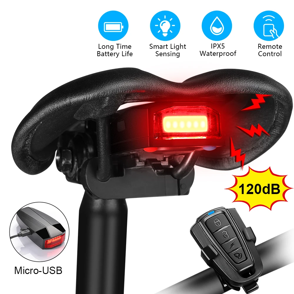 120dB Bicycle Burglar Alarm Taillight Smart Brake Sensor Wireless Waterproof Remote Control USB Charging Bike Rear Light Horn bicycle alarm
