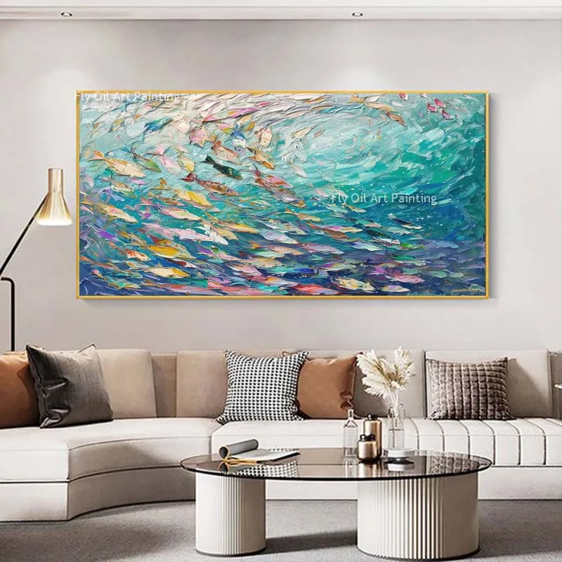 

Large Original Colorful Fishes Oil Painting Hand Painted Ocean View Canvas Artwork Abstract Blue Sea Painting For Wall Art Decor