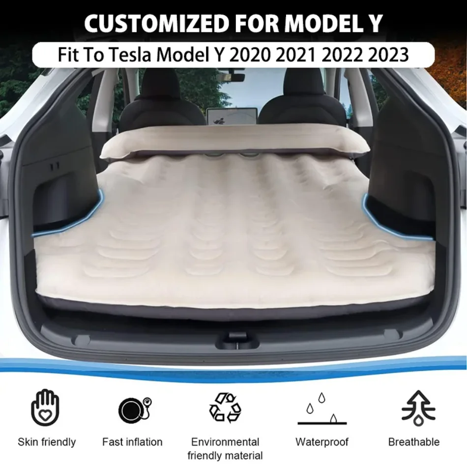 Portable Car Inflatable Mattress for Tesla Model Y-Outdoor Camping Flocking Surface Memory Foam with Electric Air Pump