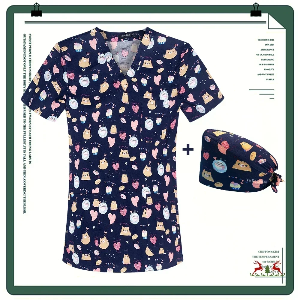 

Multicolor Printing Scrubs Tops 3 Pockets Nurse Blouse Medical Nursing Uniform Pet Shop Doctor Scrub Cap Surgery Workwear Shirts