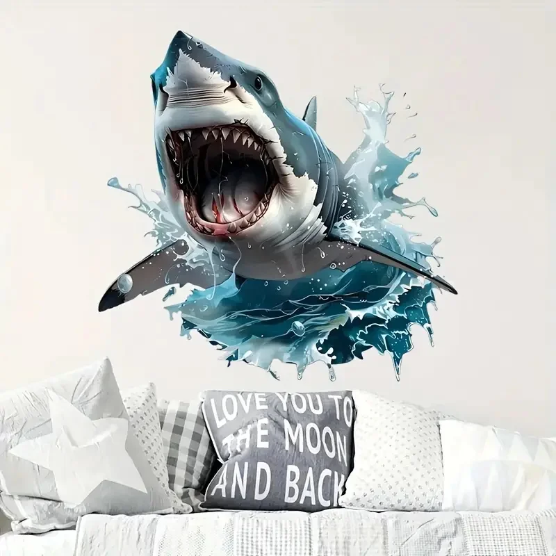 3D Shark Wall Decal Waterproof Self-Adhesive Sticker Bathroom Bedroom Decor Art Wallpaper