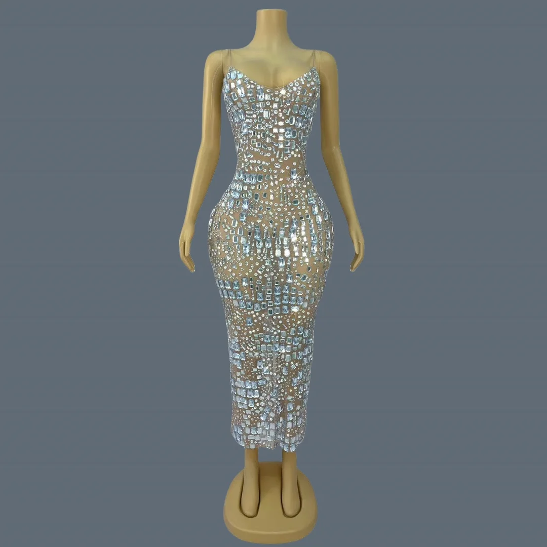 Elegant Women Big Crystals Luxury Sparkly Evening Gown Slip Birthday Party  Outfit Club See Through Mesh Sexy Long Dress Fangcun - AliExpress 200000345