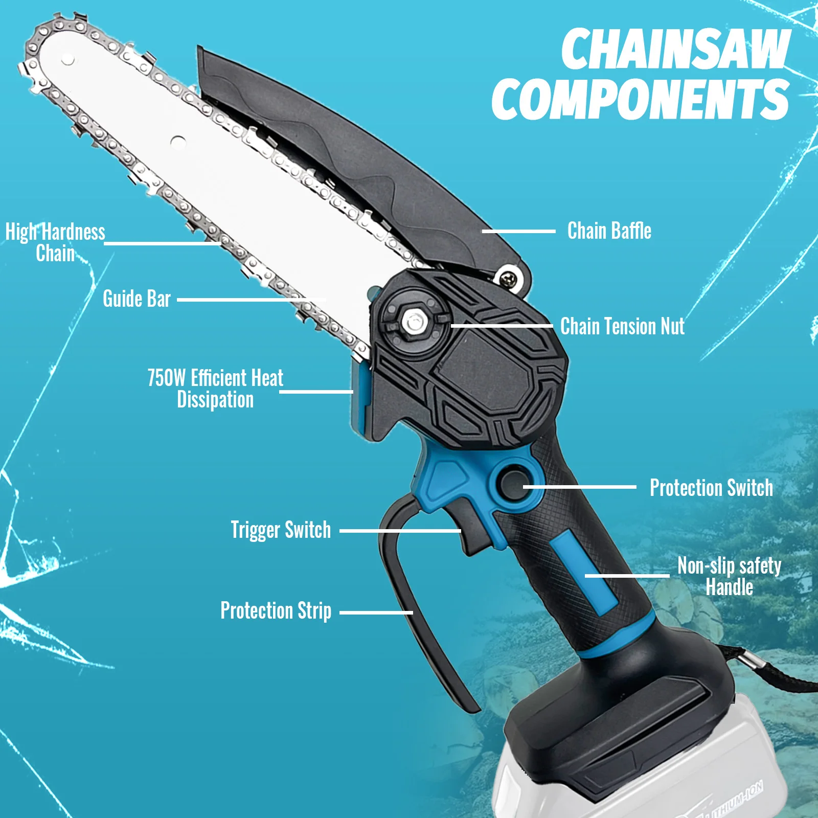 Cordless chainsaw rubber handle close-up