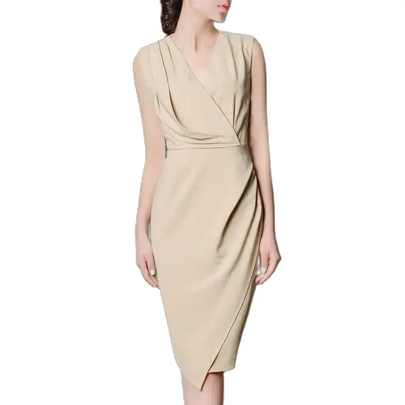 

Woman Summer Hot Sale Solid V-neck Sleeveless Mid-calf 100% Silk Silk A-line Dresses Female Hedging Ruffles Silk Dress