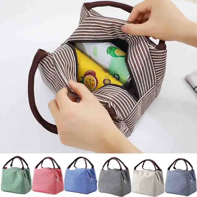 1-6PCS Striped Picnic Bag Insulation Bag Cold And Fresh Food Storage Bag Oxford Cloth Handbag Portable Lunch Box Bag Ice Pack