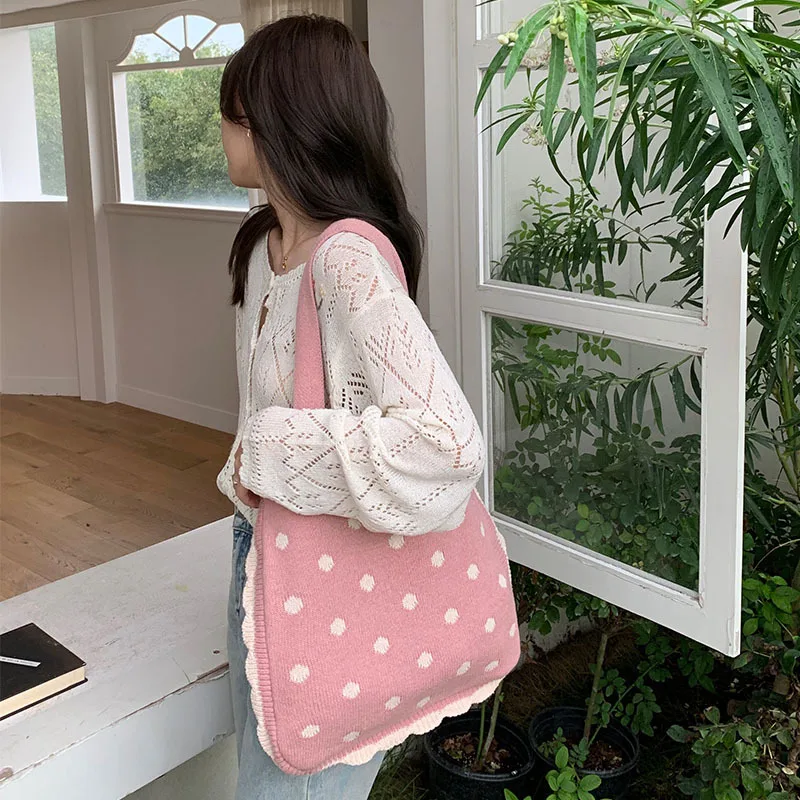 2023 New Tote Knitted Bag Shoulder Bag Sweet Pink Fashion Simple Large Capacity Shopping Bag for Women Stylish Casual All-match