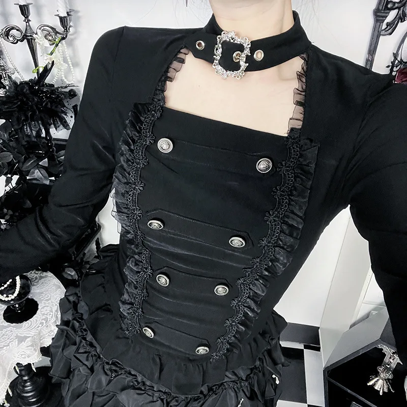 Subculture Lolita Mesh Trim Buckle Tops Mall Goth Punk Slim Long Sleeve Top Y2K 90s Pullover Alt T-shirts Halloween 4