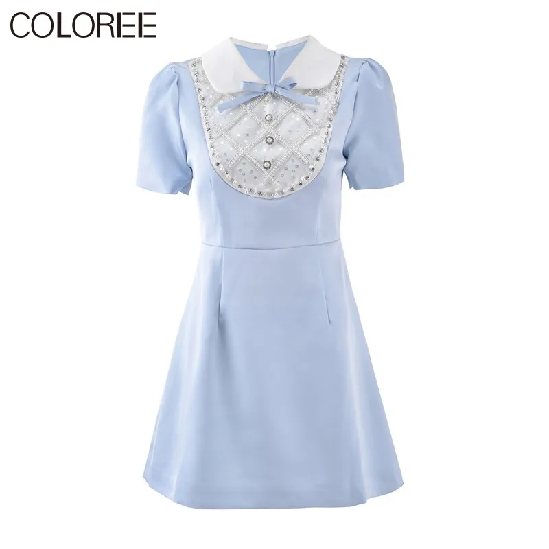 

Luxury Diamonds Beading A-line Mini Summer Dress Women 2023 Runway Designer Elegant Bow Short Sleeve Dresses Vestido Fiesta