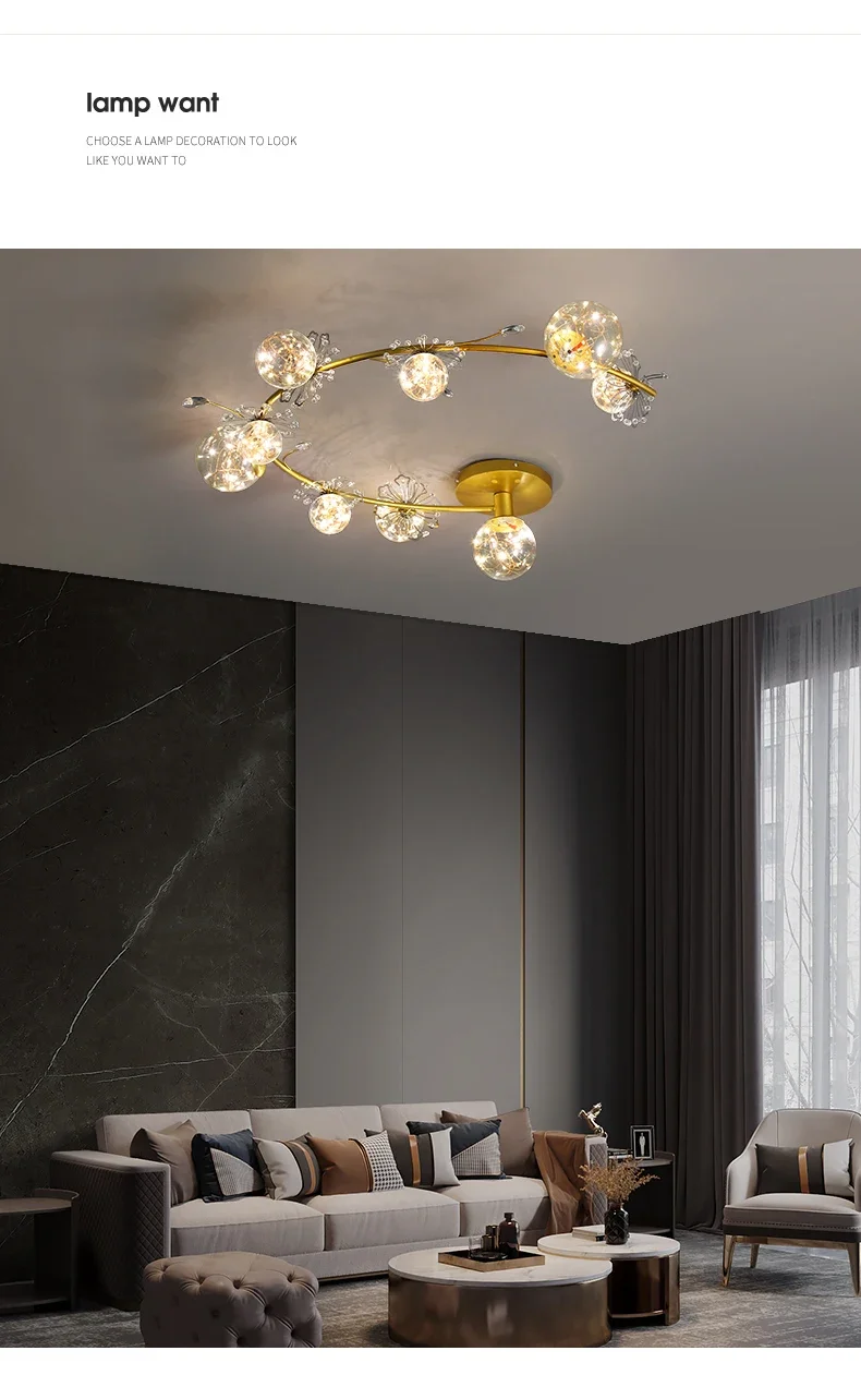Description Picture 5 of itemModern LED Chandelier Style Design for Living Room Bedroom Dining Room Kitchen Ceiling Lamp Gold Crystal Glass Ball Star Light
