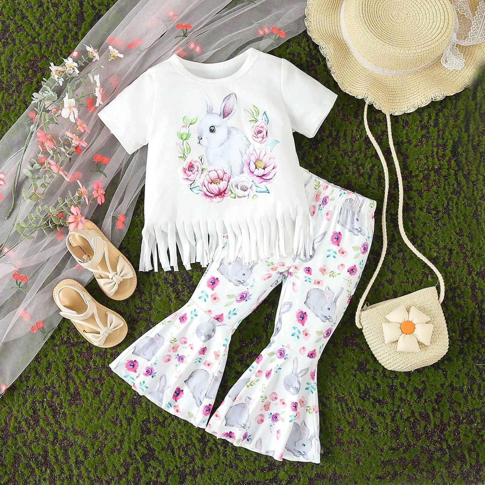 

Toddler Girls Easter Clothes Sets Short Sleeve Tassel Hem T-shirt Tops Floral Bunny Prints Flared Pants Two Piece Outfits 9M-4Y