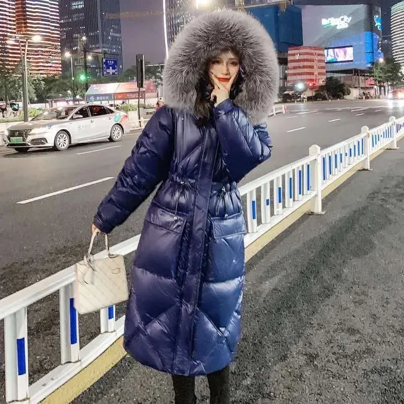 

Женские пуховики из хлопка, длинное пальто-парки, пуховик, меховой воротник с капюшоном, ветрозащитные, теплые, женские, зимние