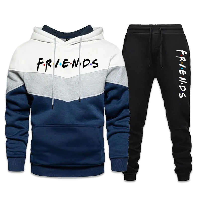 Friends Print Sport Suits Men's Fashion Patchwork Hoodies and Long Pants 2PCS Outfit Male Outdoors Tracksuit Casual Sportwear plus size 9xl 8xl 7xl men s winter sportwear warm 2pcs suits male hooded jacket sweatpants sets orversized fleece men tracksuit