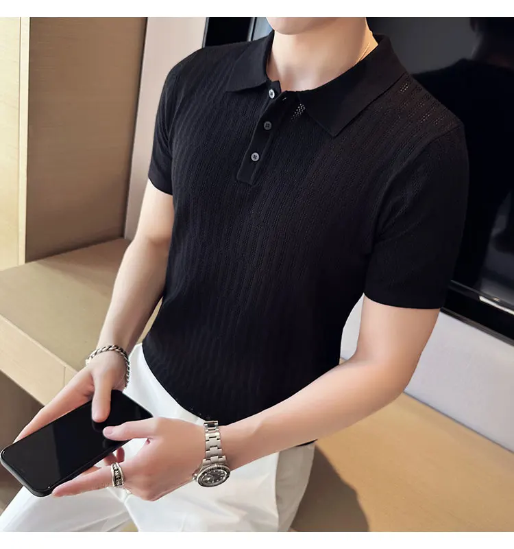 Men Transparent Mesh Knitted Polo Shirt 2022 Summer Short Sleeve V