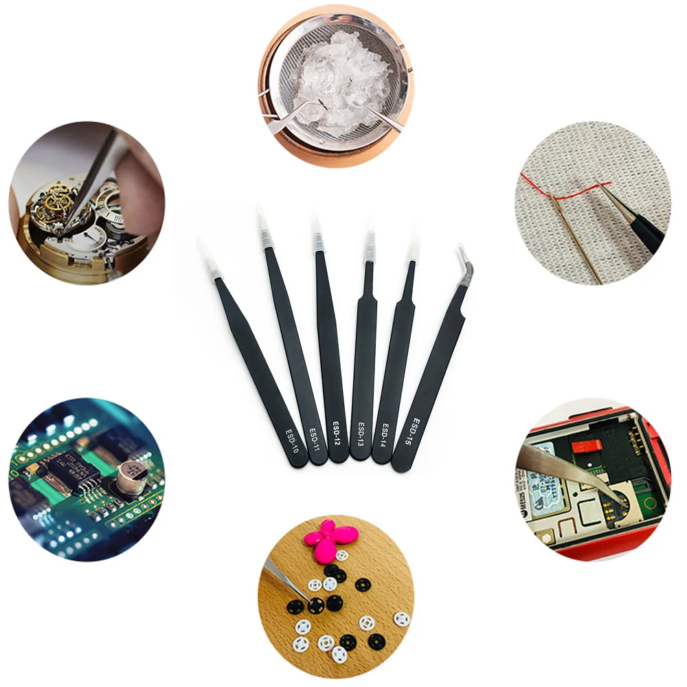6 Pcs Safe Precision Tweezer Set Antistatic Tweezers Anti-static ESD Stainless Curved Straight Tweezers Maintenance Tool