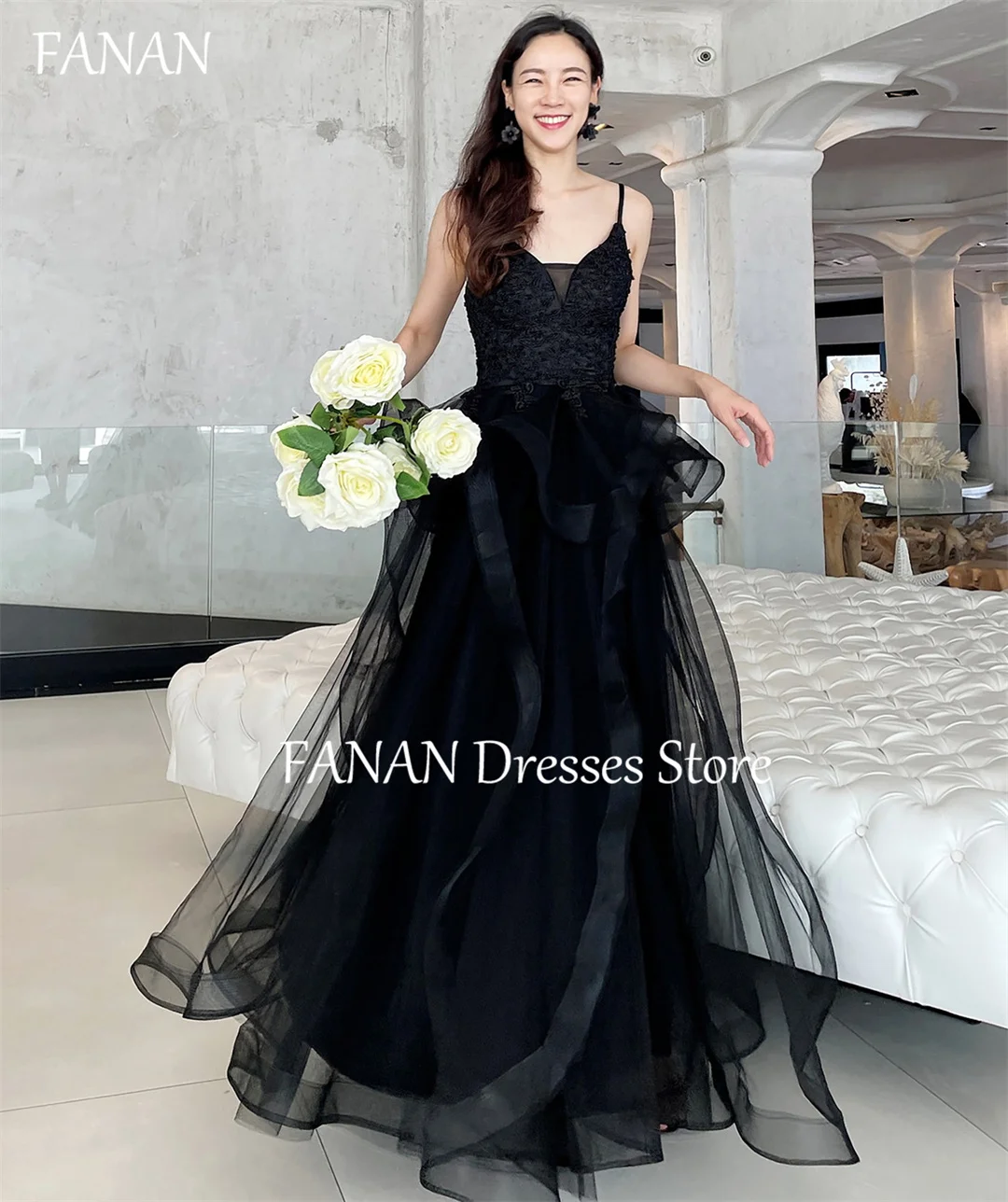 

FANAN Black Evening Party Dresses Fashion Tiered Sleeveless Korea Spaghetti Strap Wedding Women Formal Gowns Event Prom Gowns