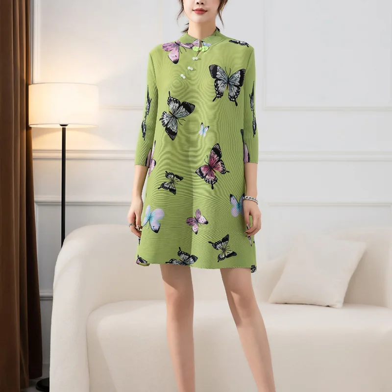 

Sanzhai fold dress 2022 spring and autumn new fashion temperament, large size, loose meat, thin printing cheongsam model