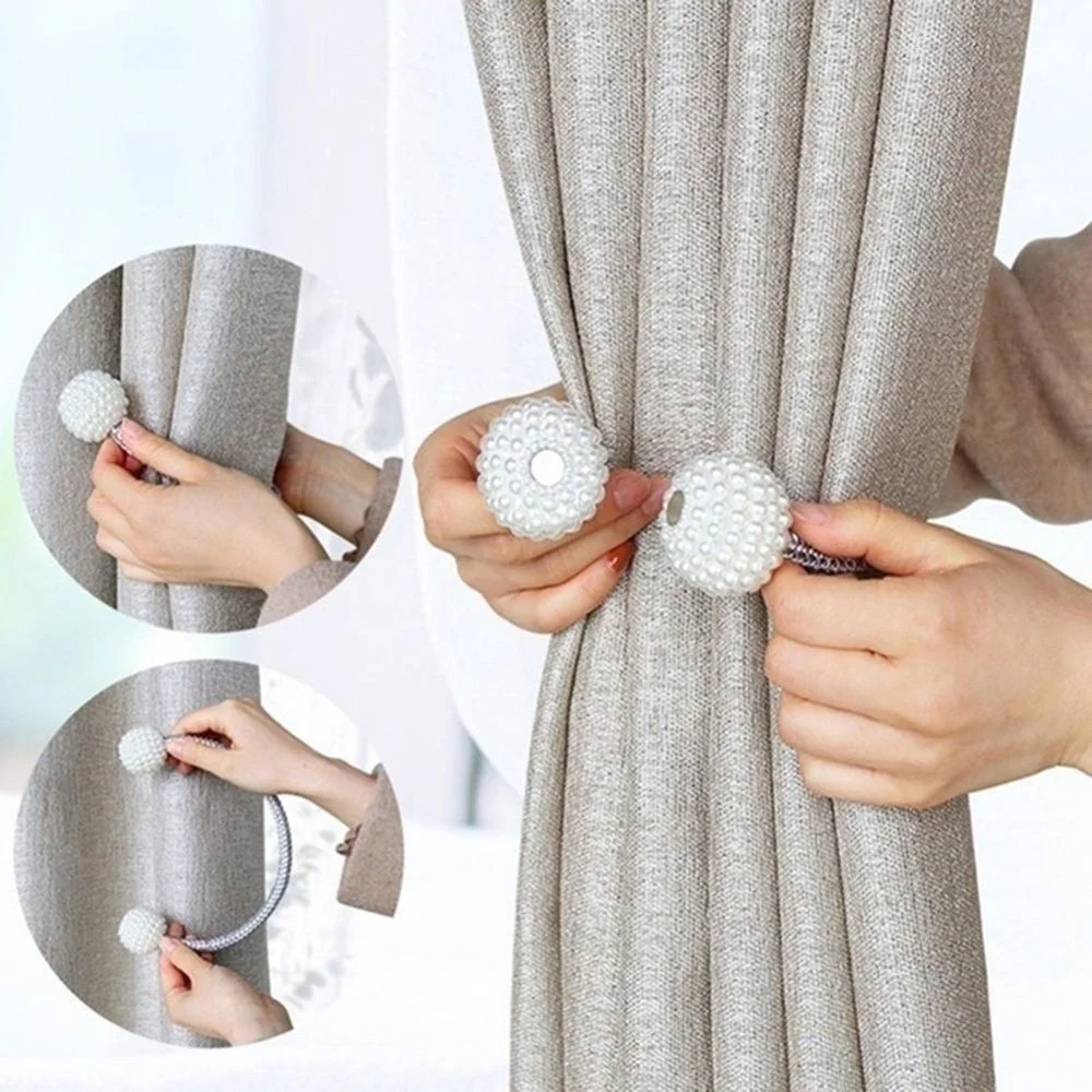 Description Picture 6 of itemMagnetic Curtain Tiebacks Pearl Ball Buckle Curtain Home Decor Curtain Weave Clips Rope Straps Holder Window Treatment Accessory