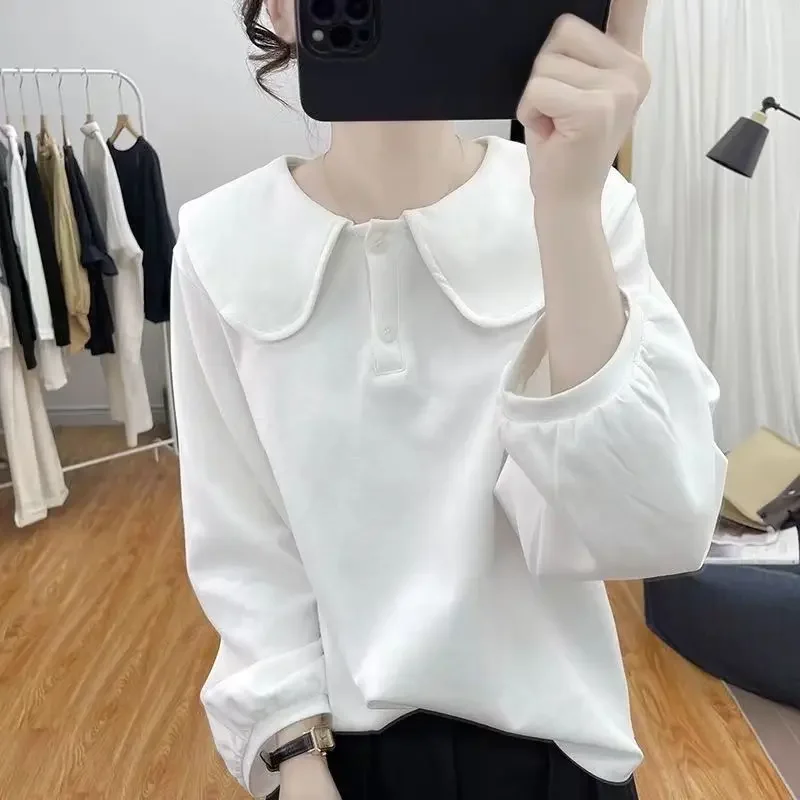 Women's Pullover Spring and Autumn Loose Lantern Sleeve Hoodies 2023 Korean Vintage Solid Patchwork Doll Neck Button Casual Tops