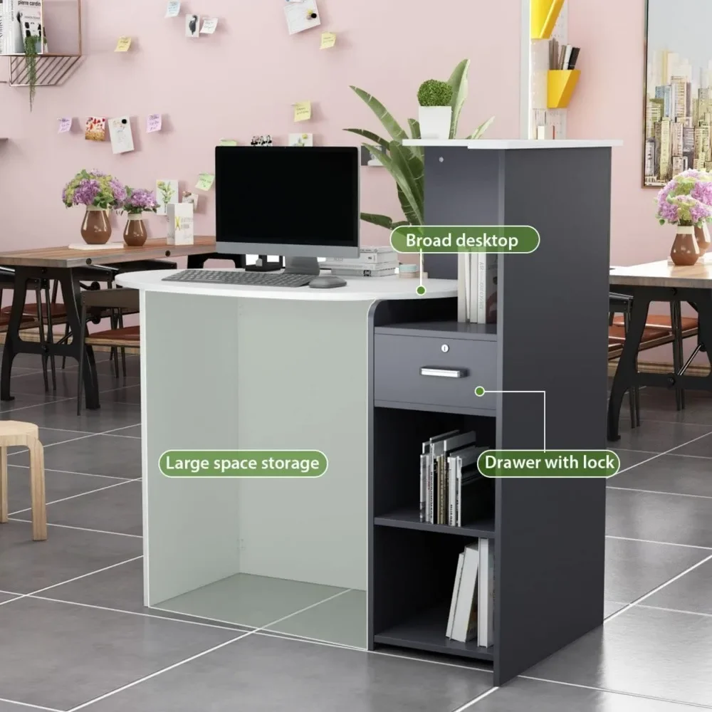 Reception Desk Front Counter Desk with Lockable Drawer & Open Shelves, Front Reception Counter with Elliptical Deskt