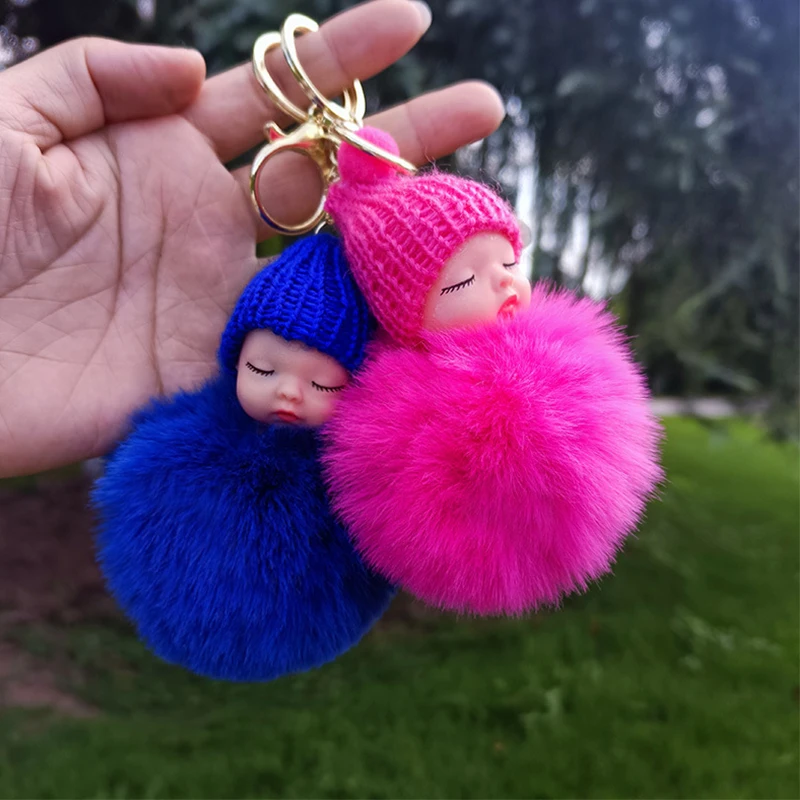 

50Pcs Doll Pom Pom Keychain Cute Fluffy Sleeping Baby Doll Keychain Pompom Car Keyring Wallet Bag Phone Pendant Bag Charm